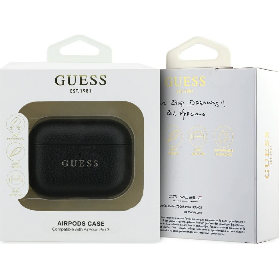Oryginalne ekskluzywne etui od marki Guess z kolekcji Grained PU Classic Logo dla Apple AirPods Pro 3, czarne
